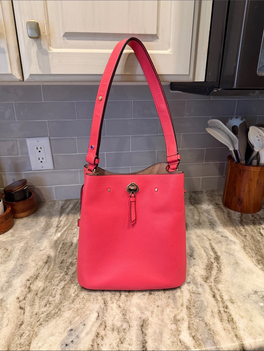 kate spade Coral Pink Pebbled Leather Bucket Shoulder Bag
